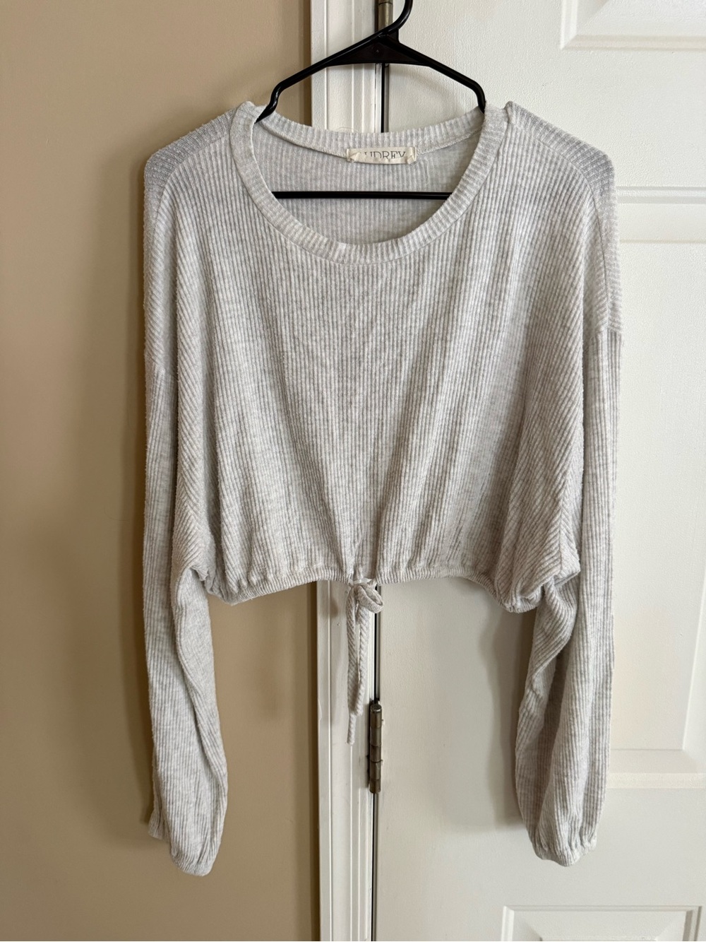 audrey Light Gray Ribbed Cropped Tie-Front Top
